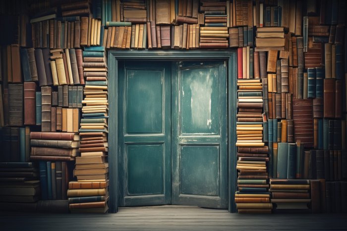 Papier peint  Vieille porte sur un mur avec des livres