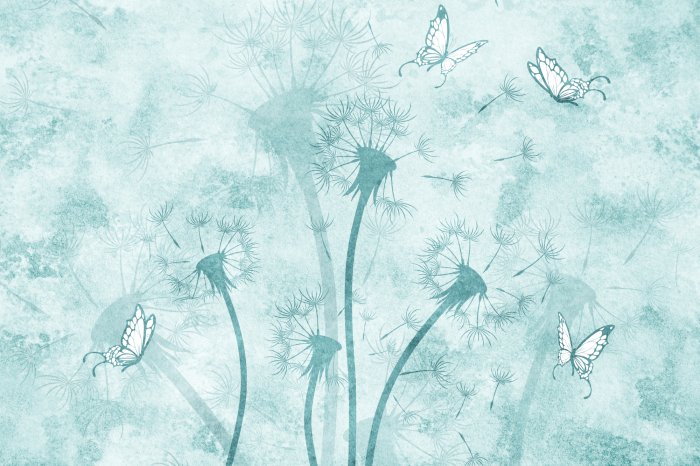 Papier peint  Pissenlits dans le vent avec des papillons