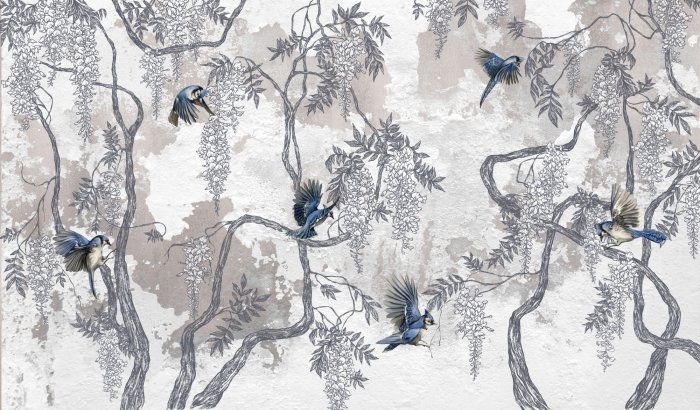 Papier peint  Arbres fleuris avec des oiseaux sur béton