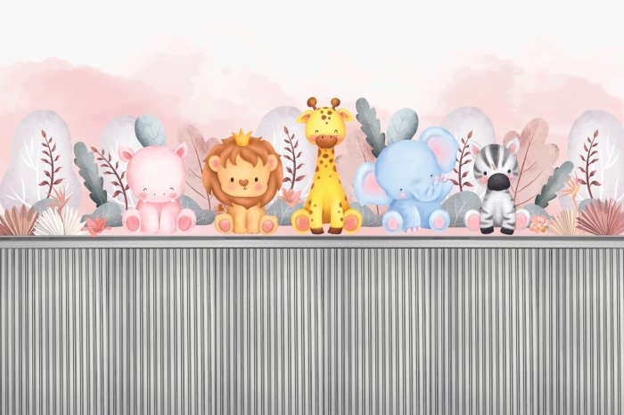 Papier peint  Animaux parmi la végétation sur des planches en bois