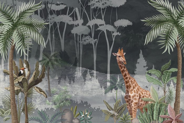 Papier peint  Girafe dans la jungle tropicale parmi les palmiers