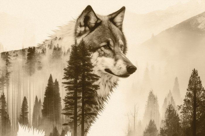 Papier peint  Loup au milieu de la forêt de montagne