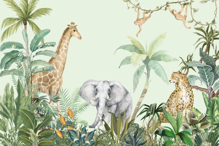 Papier peint  Jungle tropicale avec des animaux sauvages