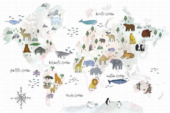 Papier peint  Carte du monde avec des animaux pour enfants