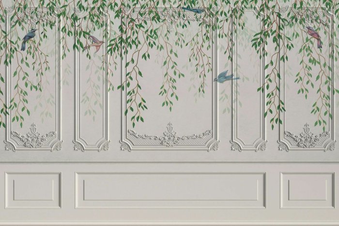 Papier peint  Mur décoratif avec des oiseaux et des plantes