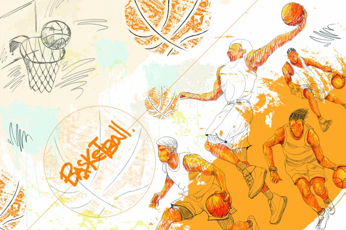 Papier peint  Dessin avec des joueurs de basket et des ballons