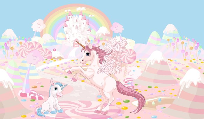 Papier peint  Licorne de conte de fées sur fond de château et d'arc-en-ciel