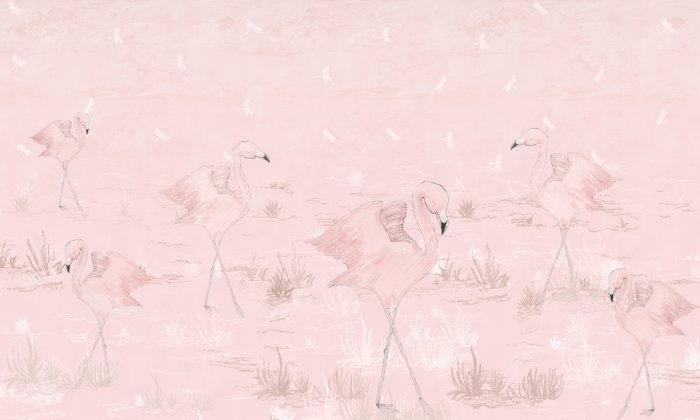 Papier peint  Flamants roses dans une clairière avec des libellules