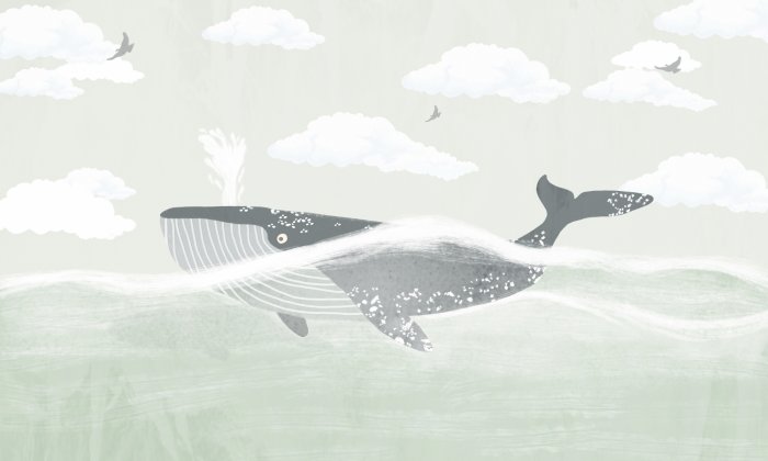 Papier peint  Baleine dans la mer sur fond de nuages et d'oiseaux