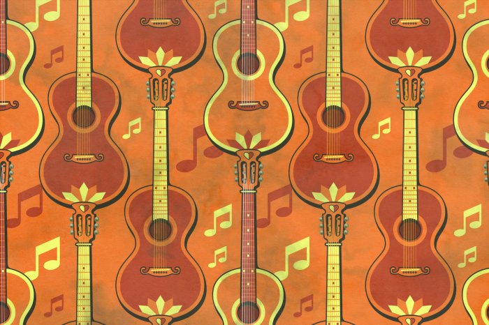 Papier peint  Guitares classiques sur fond de partitions