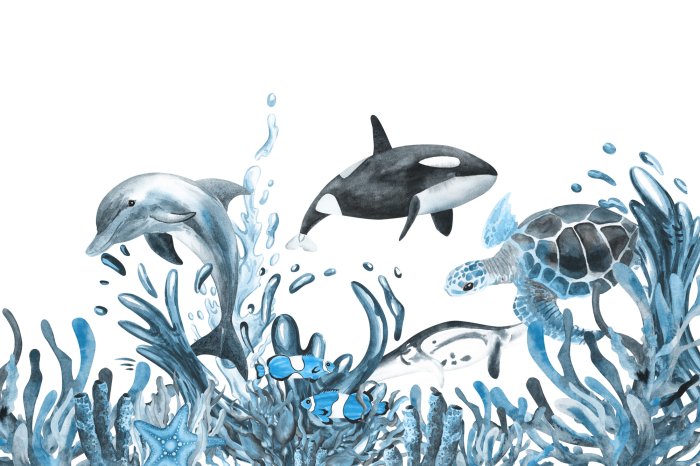 Papier peint  Tortue d'eau et dauphin parmi la végétation