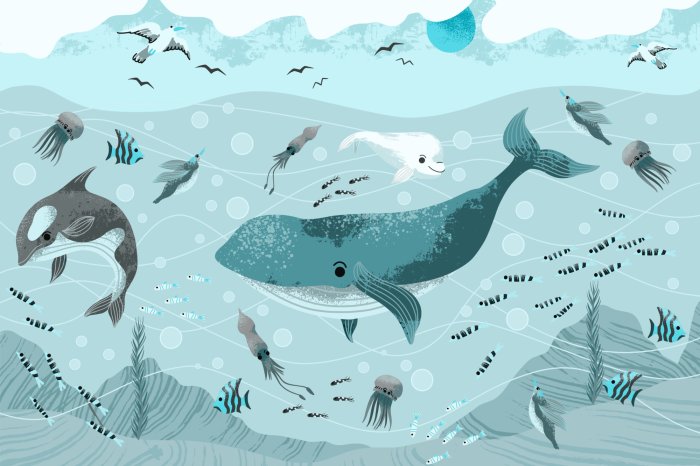 Papier peint  Baleines parmi les poissons dans le monde sous-marin
