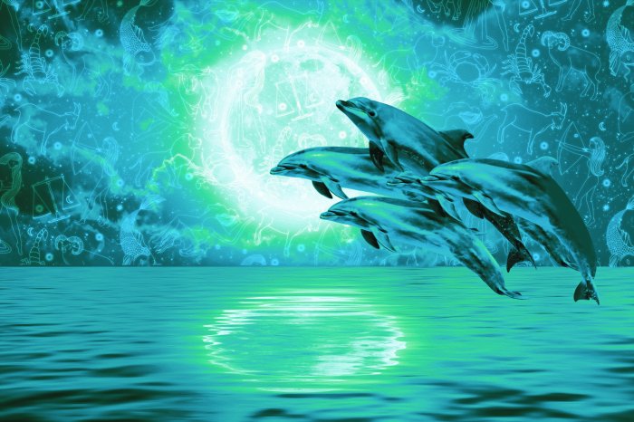 Papier peint  Dauphins sautant sous la pleine lune