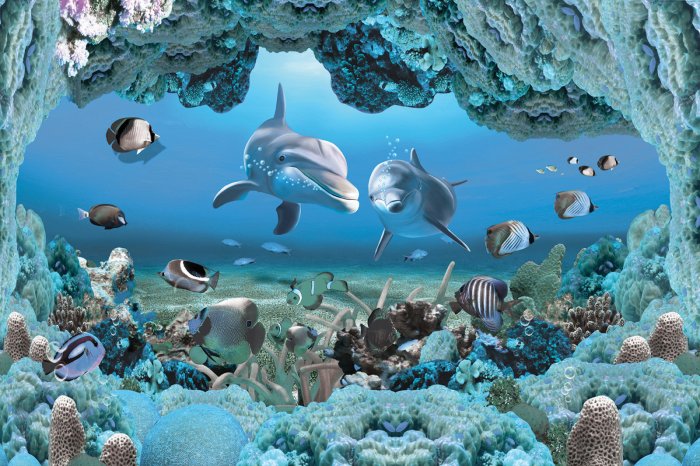 Papier peint  Dauphins parmi le récif corallien et les poissons