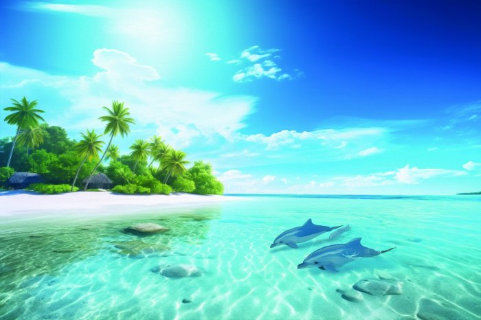 Papier peint  Île tropicale avec des dauphins