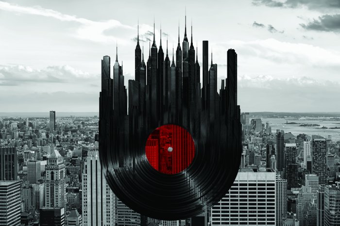 Papier peint  Disque vinyle abstrait sur fond de métropole