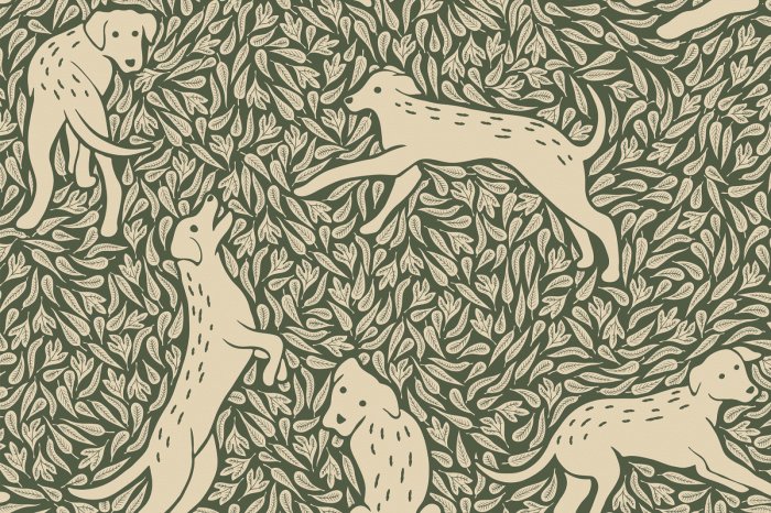 Papier peint  Motif botanique avec des chiens et de la verdure