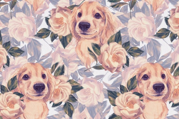 Papier peint  Chien Golden Retriever parmi les roses
