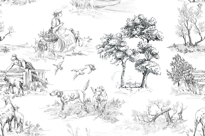 Papier peint  Dessin d'un village avec des arbres et des chiens