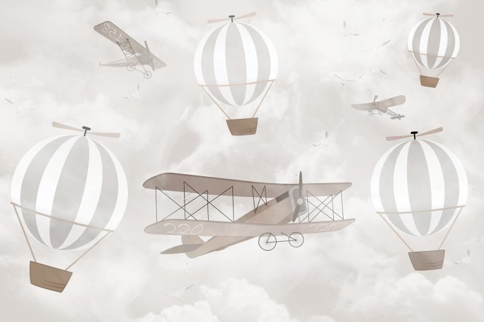 Papier peint  Avions et ballons sur fond de ciel avec des nuages