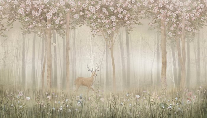 Papier peint  Paysage forestier avec des fleurs et un cerf