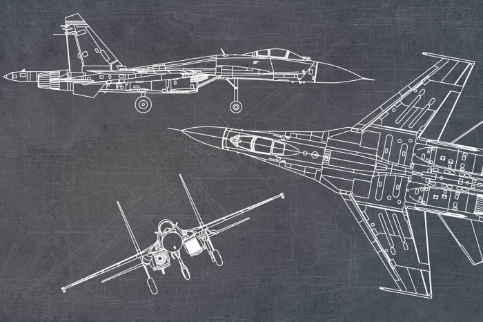 Papier peint  Dessin technique avion de chasse sur fond gris