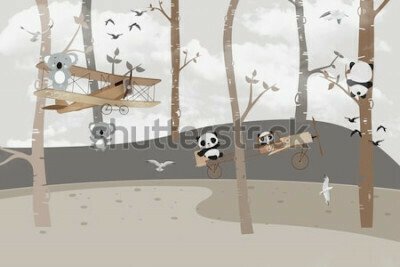 Papier peint  Koalas et pandas mignons jouant dans la jungle