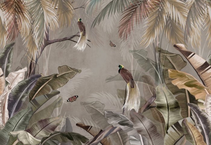 Papier peint  Papillons et oiseaux parmi des feuilles colorées