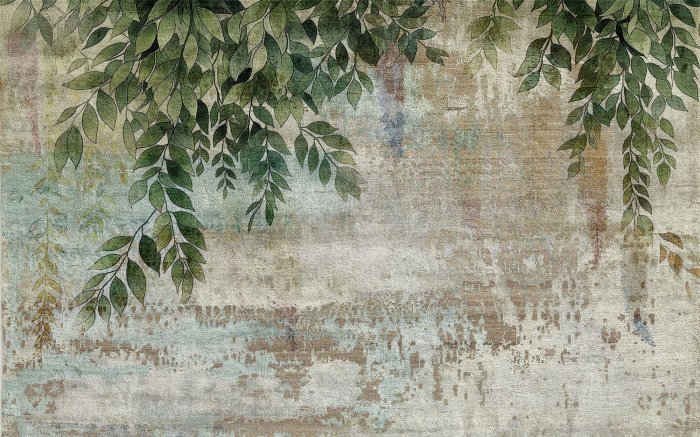 Papier peint  Feuilles vertes suspendues sur béton