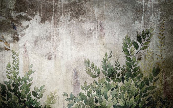 Papier peint  Feuilles vertes sur béton gris