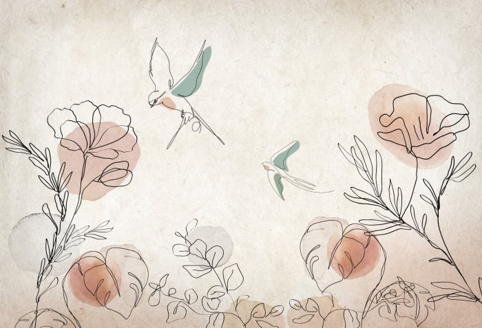 Papier peint  Aquarelle abstraite de fleurs et d’oiseaux