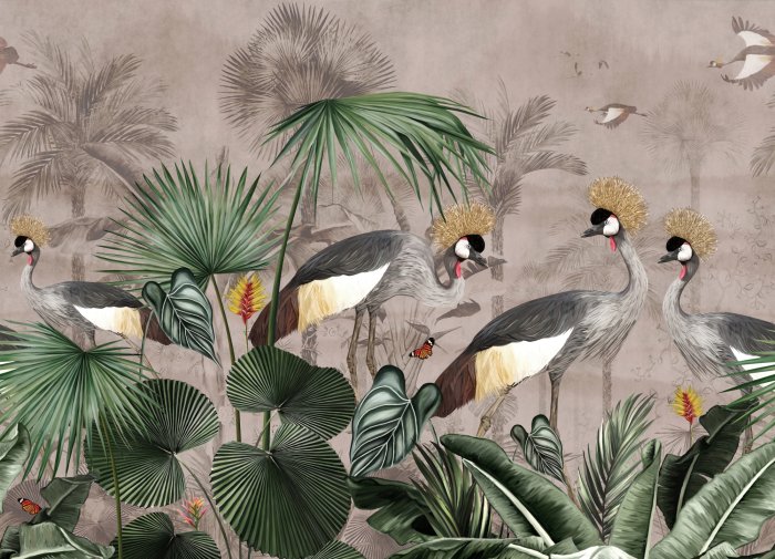 Papier peint  Grues exotiques parmi les feuilles