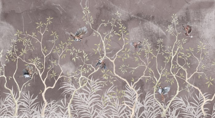 Papier peint  Motif botanique avec arbustes et oiseaux