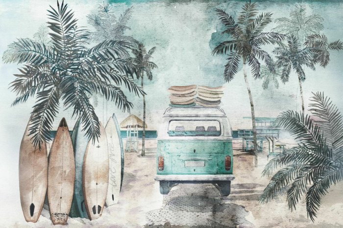 Papier peint  Van et planches de surf sur la plage illustration aquarelle