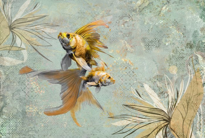 Papier peint  Poissons rouges avec des plantes sur un fond vintage