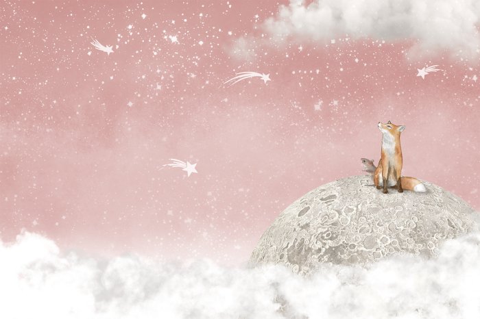 Papier peint  Renard et souris sur la lune ciel rose avec étoiles thème féerique