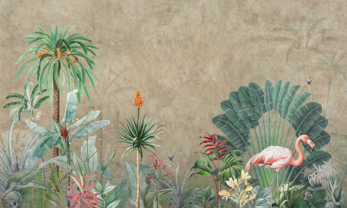 Papier peint  Imitation de jungle avec un flamant rose sur le béton