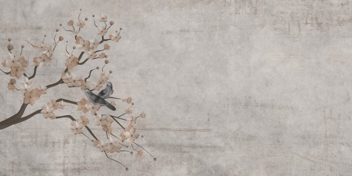 Papier peint  Arbre de cerisier avec des oiseaux sur un mur en béton