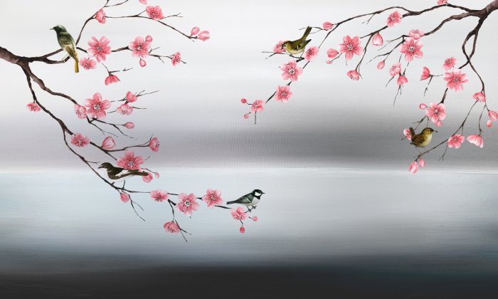 Papier peint  Fleurs de cerisier roses avec des oiseaux en aquarelle