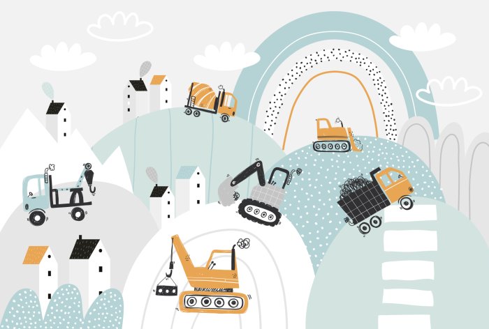 Papier peint  Engins de chantier sur les collines parmi les nuages