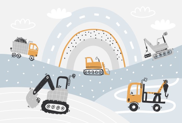 Papier peint  Véhicules de chantier sur fond arc-en-ciel abstrait