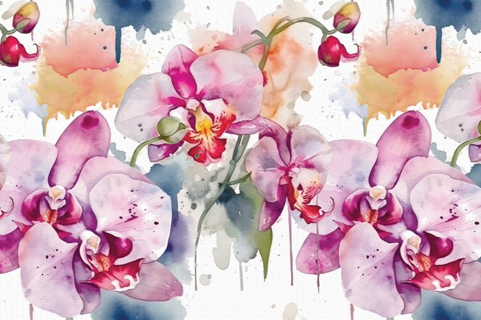 Papier peint  Feuilles et fleurs d'orchidée en aquarelle
