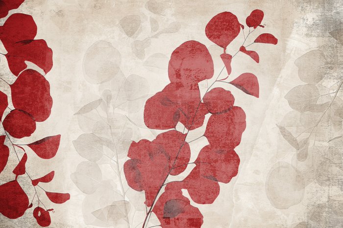 Papier peint  Feuilles rouges et beiges sur béton