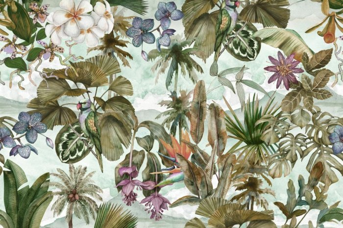 Papier peint  Perroquet coloré parmi les feuilles et les fleurs