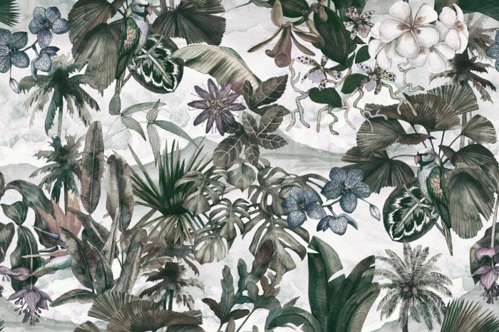 Papier peint  Feuilles et fleurs dans une jungle rétro