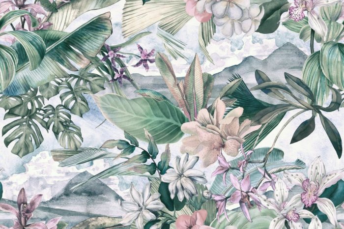 Papier peint  Fleurs colorées avec des feuilles tropicales
