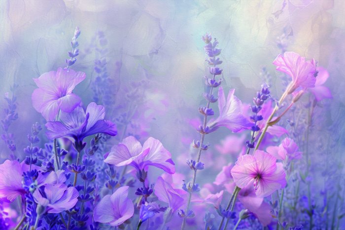 Papier peint  Fleurs roses parmi la lavande dans la prairie