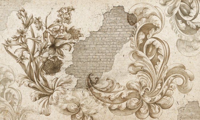 Papier peint  Motif végétal monochrome sur fond de mur en briques