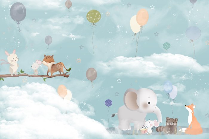 Papier peint  Animaux dans les nuages avec des ballons