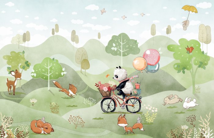 Papier peint  Panda à vélo dans une prairie avec des renards
